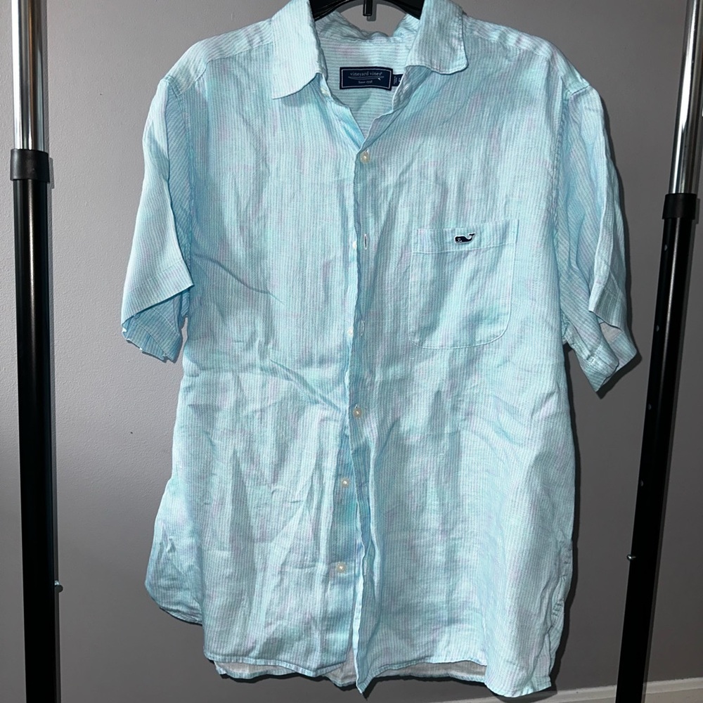 Vineyard Vines Blue & Pink Men’s Linen Short Sleeve Button Down Shirt : L